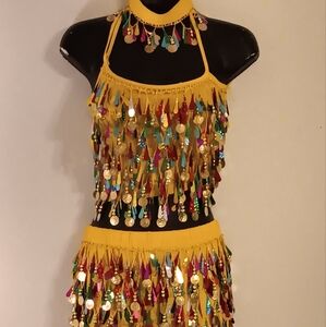 Handmade Mardi Gras Belly Dance Costume Sequins & Coins Sexy Samba Dancewear